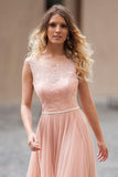Modest Blush Pink Lace Chiffon Sleeveless Backless A-Line Long Prom Dress OK835