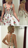 A Line V Neck Flower Appliques Prom Dress, Long Evening Dresses N1482