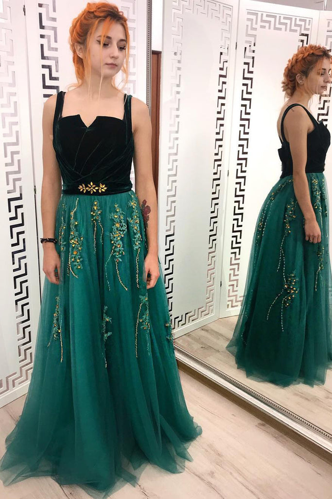 A Line Green and Black Tulle Prom Dress, Charming Appliques Formal Dress OKI13