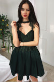 Dark Green A Line Satin Short Homecoming Dresses with Lace OKB41