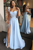 A-Line Cap Sleeves Floor-Length Light Blue Prom Dresses with Appliques Split OKI97