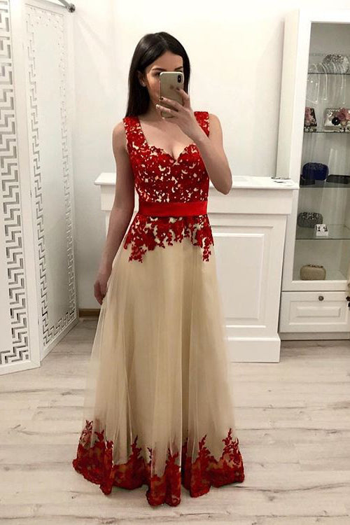 A Line Tulle Long Prom Dresses With Red Appliques,Junior Party Prom Dresses OKI15