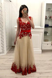 A Line Tulle Long Prom Dresses With Red Appliques,Junior Party Prom Dresses OKI15
