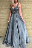 Grey Floor Length Deep V Neck Beaded Prom Dress With Lace Appliques OKO94