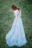Long Light Blue Chiffon Scoop A-line Floor-length Appliques Prom Dresses OK736