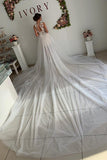 A-line Appliques Ivory Open Back Tulle Boho Wedding Dress Long Beach Bridal Dress OKY4
