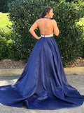 Halter Navy Blue Long Prom Dress Beaded Backless Evening Dresses OKI25