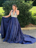 Halter Navy Blue Long Prom Dress Beaded Backless Evening Dresses OKI25