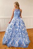Blue A-line Halter Neckline Racer Back Ball Gown Elegant Lace Long Prom Dress OKV42
