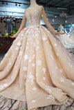 Princess Long Sleeves Ball Gown Wedding Dress, Floral Appliques Wedding Gown OKJ95