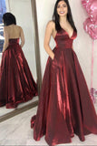 Simple A-Line Spaghetti Straps Floor-Length Burgundy Prom Dresses with Pockets OKN22