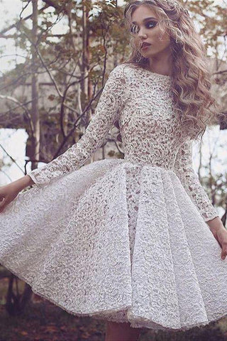Fashion Lace Scoop Long Sleeve Ivory Short Homecoming Dress Prom Party Dress OKE2