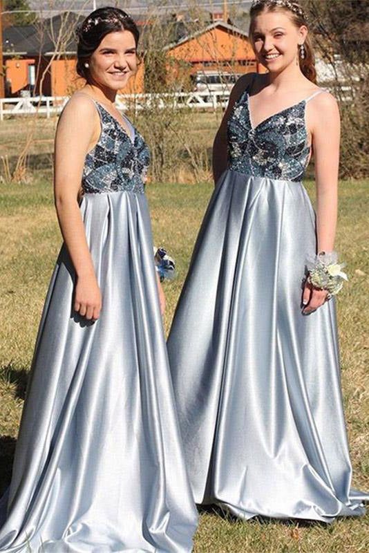 A-Line Spaghetti Straps Backless Blue Popular Prom Dresses with Beading,Bridesmaid Dresses OKH53