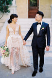 Lace Appliqued Wedding Gowns Deep V Neck Sexy Wedding Dress OKP81