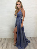 Deep V Neck Sparkly Long Sexy Prom Dress With Slit Spaghetti Straps Formal Dress OKS9
