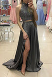 Sexy Two Pieces Beading Gray High Slit Chiffon High Neck Prom Dresses new OK102