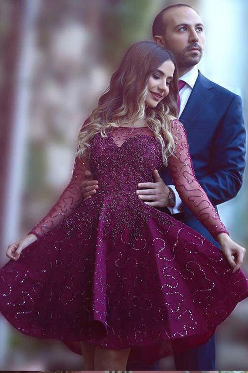 Long Sleeves Homecoming Dress ,Sparkly Prom Dresses,Short Party Dress, Custom Homecoming Dress,Sweet 16 Cocktail Dress,Purple Homecoming Dress
