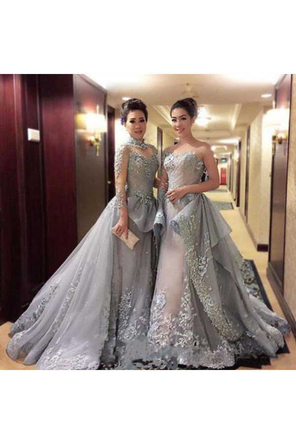 Ball Gown Princess Long Sleeves Tulle Gray Long Formal Prom Dresses OK815