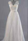 Princess A Line V Neck Ball Gown White Lace Tulle Wedding Dress With Flowers Belt OK183