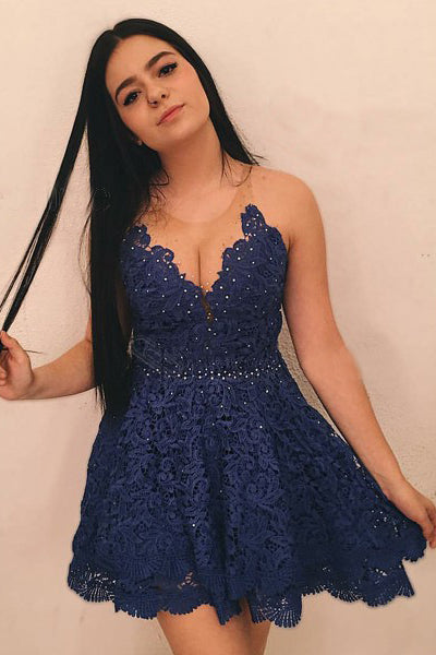 Fashion A-Line Round Neck Dark Blue Lace Short Homecoming Dresses with Beading OKB13