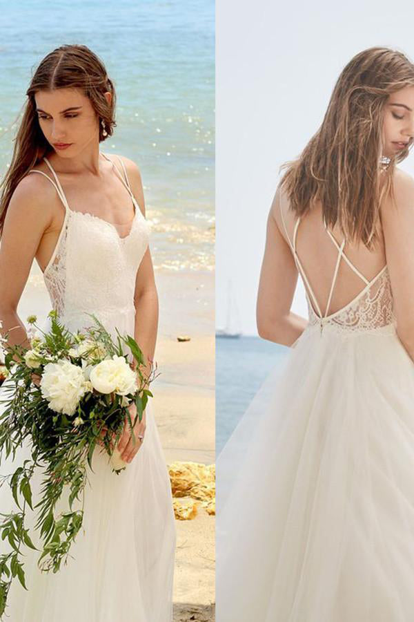 Simple Wedding Dresses,Spaghetti Straps Wedding Dress,Ivory Wedding Gown,A Line Bridal Dress,Tulle Wedding Dress,Beach Wedding Dress