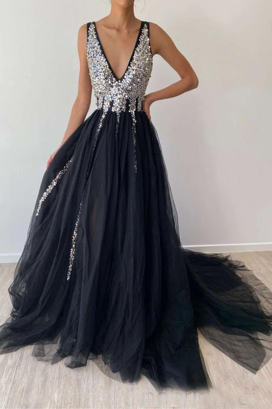 Sparkly A-line Tulle Sequins Deep V Neck Black Long Prom Dress OKV43