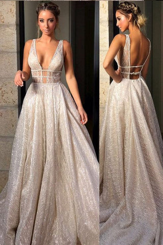 Sparkly Deep V Neck Wedding Dress Bridal Gowns,Sequin Prom Dresses OKF60