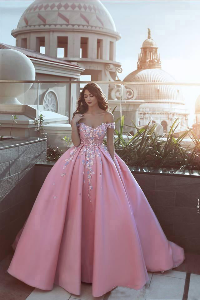 Pink Prom Dresses,Off the Shoulder Prom Gown,Ball Gown Prom Dress,Appliques Prom Dresses,Satin Prom Dress