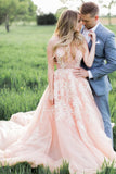 Blush Pink Wedding Dresses,Tulle Wedding Dress,Appliques Wedding Dresses,Long Prom   Dresses