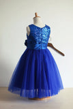 Royal Blue A-line Jewel Sleeveless Tulle Sequin Long Flower Girl Dress OK703