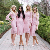 Fashion Sheath Jewel Long Sleeves Pink Lace Knee Length Bridesmaid Dresses OK767