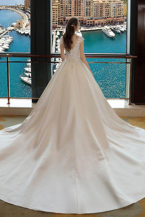 Ivory Wedding Dresses,High Neck Wedding Dress,Ball Gown Wedding Dresses,Applique Wedding Dresses,Cheap Wedding Dress