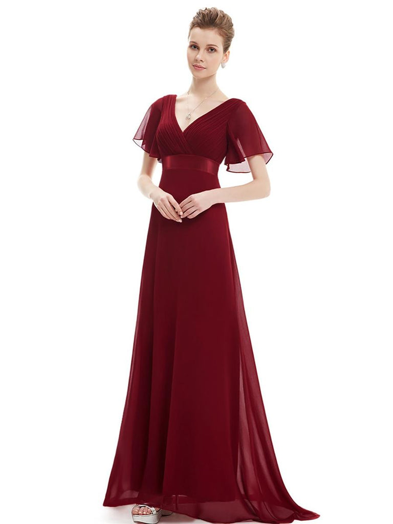 A Line Chiffon Short Sleeves Long V Neck Prom Dress XU90812