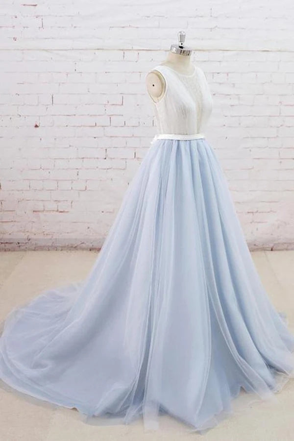 Light Blue Tulle Sheer Back A-line Round Neck Formal Prom Dress OKU11