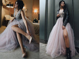 Sexy A-line Tulle V Neck Slit Long Prom Dress With V Back OKV78