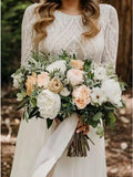 Bohemian Lace Top Long Sleeve Beach Wedding Gowns Boho Bridal Gowns OKU87