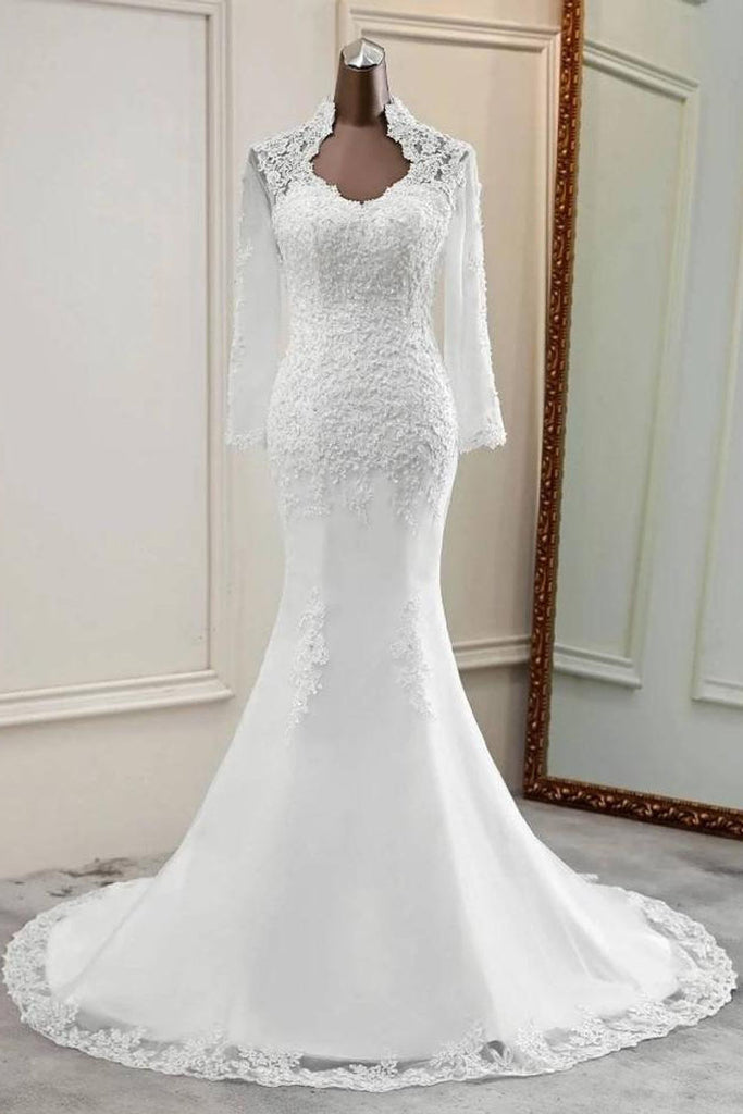 Elegant Appliqued Long Sleeves Mermaid Bridal Gown Cheap Wedding Dress OKU65