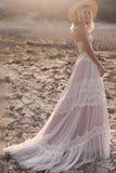 Lace Boho Spaghetti Straps Wedding Dress Tulle Long A-line Bridal Dress OKU66