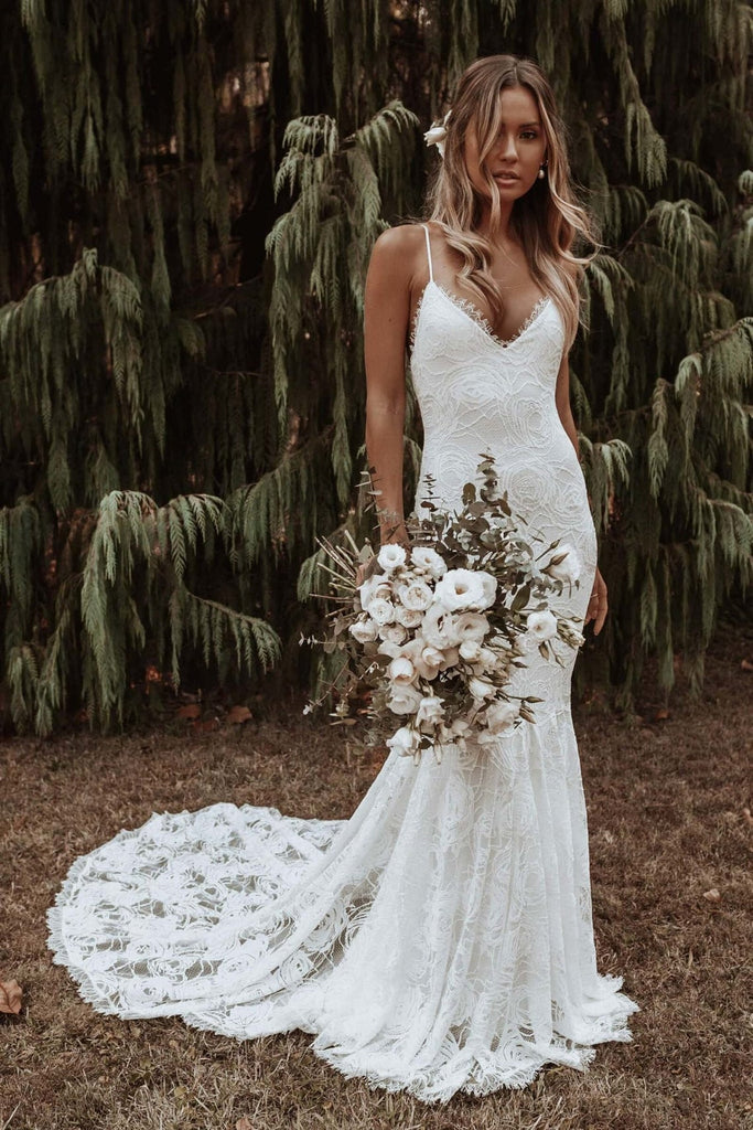 Sexy Boho Inspired Bridal Gowns Vintage Ivory Lace Mermaid Wedding Dress OKU64