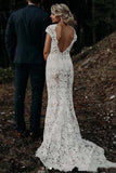 Lace Bohemian Mermaid V Back Wedding Dress V-Neck Cap Sleeves Bridal Dress OKX41