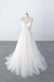 A-line Spaghetti Straps Lace Appliques Tulle Wedding Dress with V Neckline OKU69