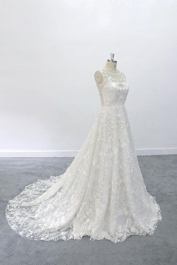 3D Flowers A-line Round Neck Wedding Dress with V Back Lace Bridal Dress OKU68