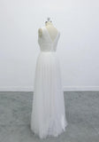 Boho Lace Applique Beading V Neck Backless A-line Skirt Wedding Dress OKU67