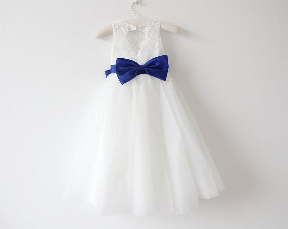 Light Ivory Lace Tulle Flower Girl Dresses With Royal Blue Sash/Bows Sleeveless Floor-length OK215