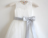 Light Ivory Lace Tulle Sleeveless Long Flower Girl Dresses With Silver Sash/Bowss OK214