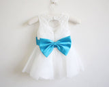 Light Ivory Blue Ribbon Lace Tulle Flower Girl Dresses With Blue Sash/Bows OK209