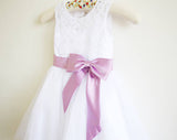 White Lace Lilac Baby Girls Dress, Tulle Flower Girl Dress With Lilac Sash OK203