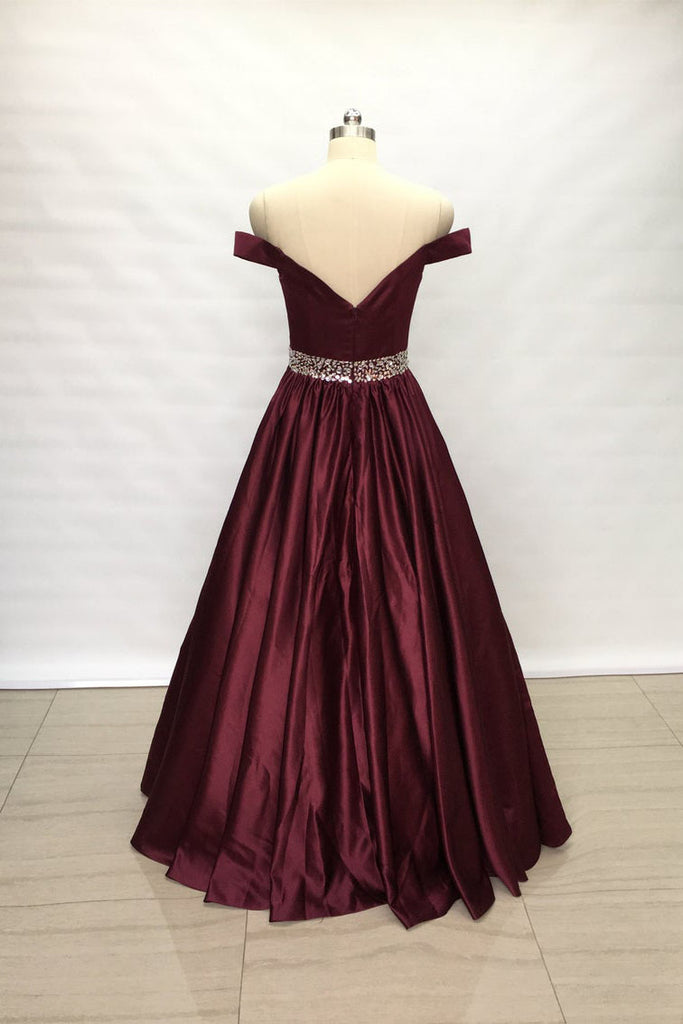 Burgundy Off Shoulder A-line Satin Long Beaded Belt Prom Dress OKV99