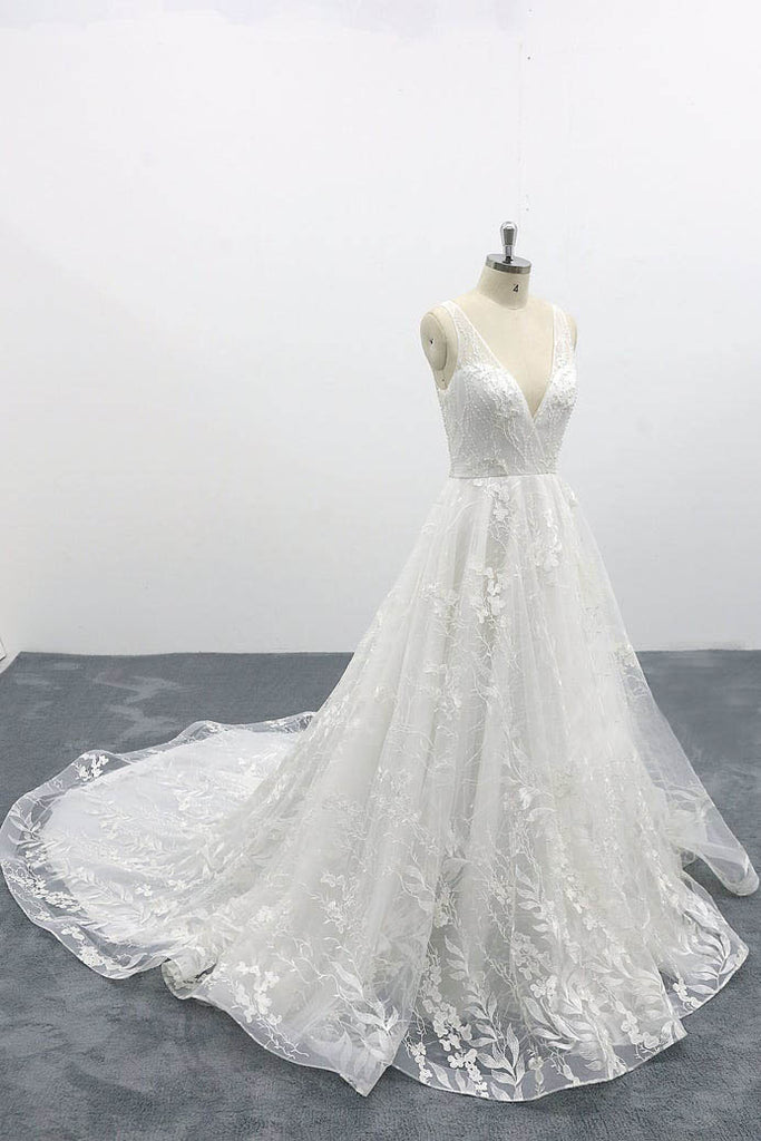 A-line Deep V Neck Fairy Tale Wedding Dresses Lace Tulle Bridal Dresses OKU96