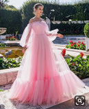 Pink A-line Off Shoulder Tulle Long Sleeves Prom Dress OKV81